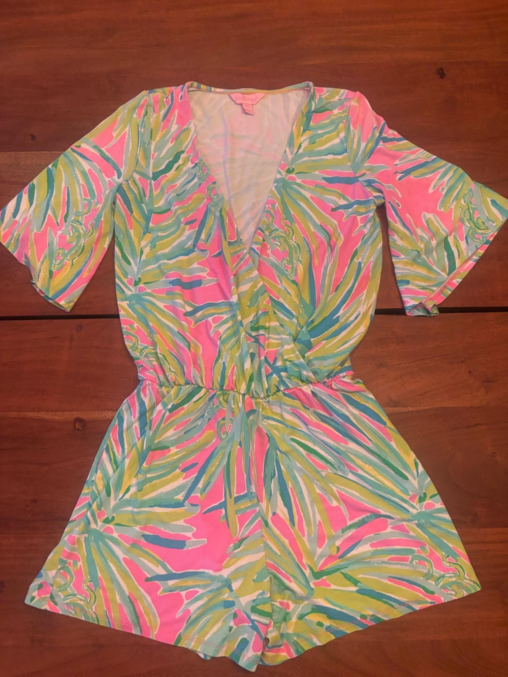 Lilly Pulitzer Pink Multi Palm-Print Romper /Swim Cover up with V-Neck